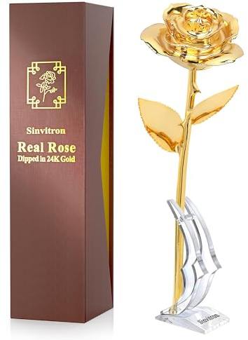 Sinvitron Gold Dipped Rose Real 24K Gold Rose, Hand Dipped One of a Kind Golden Roses, Romantic Gifts for Women on Valentines Day, Anniversary Mother’s Day (Golden)