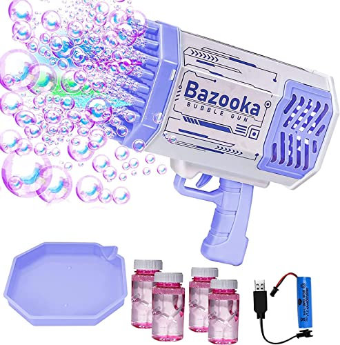 Pistola de burbujas de jabón, pistola de burbujas Bazooka, pistola de burbujas de jabón de 69 agujeros, luces coloridas, equipada con 4 botellas de líquido burbuja, para adultos y niños, púrpura