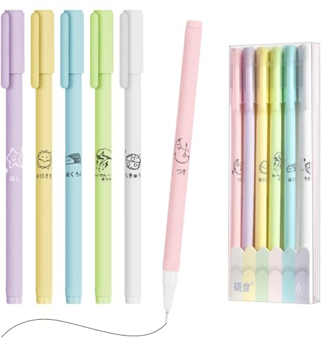 OFFCUP Gelpenna, 6 st. gelkulspetspennor, rullpenna, 0,5 mm svarta gelpennor med fin spets, penna med flytande bläck, pennor för Kawaii pappersmaterial för skola och kontor (Macaron) | Snabbtorkande bläck, fin spets, smidig skrivning, gelbläck kulspetspenna för barn, studenter, kontor, gåva (E)