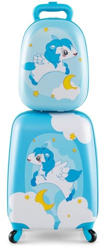 GYMAX 2Pc Kids Luggage Set, 12 & 16 Children Hand Trolley Case with 4 Spinner Wheels, Carry On Suitcase for Boys Girls Travel School (Blue Unicorn)