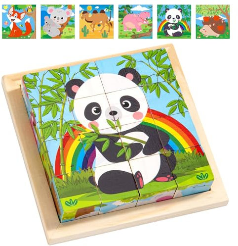 Würfelpuzzle Holz 3D Bilderwürfel Puzzlespiele, 6 in 1 Holzpuzzle Kinder Montessori Puzzle Würfel Spielzeug, Fördert Hand-Auge-Koordination, Geschenk für Jungen Mädchen, für Kinder ab 1 2 3 4 Jahre