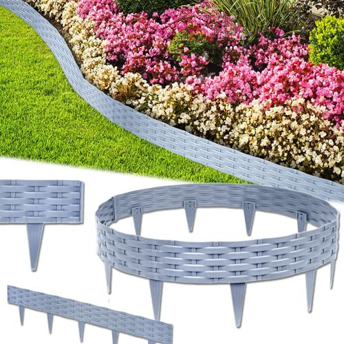 VA-Cerulean Kunststoff Rasenkante,5M Rattan-Optik Beeteinfassung,Beetumrandung Palisade,Gartenpalisade,Beetzaun,Randsteine,Grau,1 Element (L x H): 100 x 20cm,5 Stück