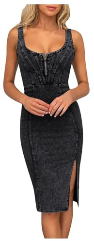 Vestito in Jeans da donna sexy con fessura senza maniche estate con scollo a U e scollo a U in denim Midi abito a tracolla regolabile casual chic abito da sera per feste, A nero, S