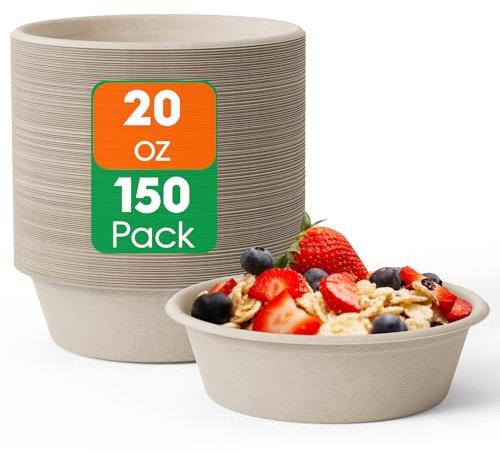 ECOLipak 20 OZ 150 Count Paper Bowls, Disposable Compostable Large Soup Bowl, Heavy Duty Bagasse Bowls for Family Lunch, Dinner Meals, Camping, Party
