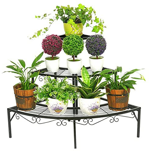 Support pour plantes à 3 niveaux, support de pot de fleurs en métal de style escalier, étagère de rangement, étagère d'angle, échelle ronde festonnée, présentoir à fleurs pour balcon intérie