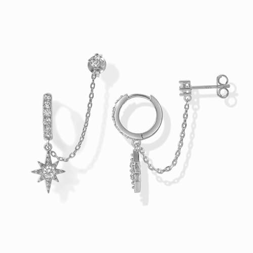 Votvlog Creolen Ohrringe Hängend für Damen, Doppel Piercing Ohrstecker mit Kette, Hypoallergen mit Zirkonia, Stern Hängeohrringe Silber, Knorpel Ohrringe Set