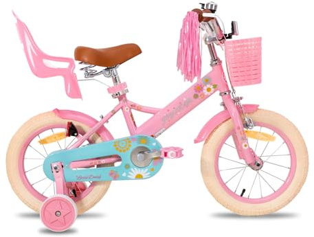 JOYSTAR Little Daisy 12 Inch Kids Bike for 2-4 Years Girls with Stabilisers, Girls Bike with Basket & Streamers & Doll Seat, pink