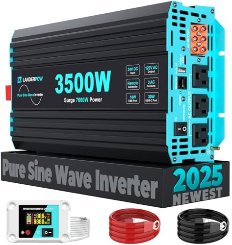 LANDERPOW 3500W Pure Sine Wave Inverter 24V DC to 120V AC for RV, Truck, Home, Off-Grid, Solar Power Inverter with 3 AC Outlet, 30W Type-C, 5V/3.1A USB, Hardwire Port, 15FT Remote Control, Surge 7000W