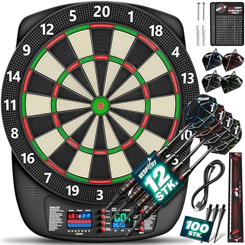RE:SPORT® Diana electrónica profesional con 12 dardos + 24 plumas Pro + 100 puntas de dardo y accesorios | Máquina de dardos electrónica para 1-8 jugadores con 427 variantes | Diana eléctrica con