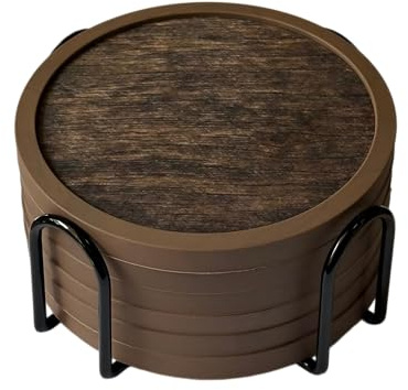 Absorbent Coasters for Drinks (6 Pack with Holder) - Silicone Coasters with Soft Felt Insert, Dual-Sided 3 Wood-Themed Patterns, Reusable Table Protection Mats for Coffee/Tea/Wine/Cans