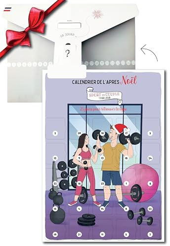 Calendrier de l’après-Noël Sport en Couple | 25 Défis Fitness Quotidiens Post-Noël | Format A3 | Pochette Cadeau Personnalisable et Chevalet Inclus | Papier Cartonné