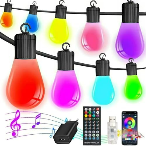 Cadena de luces LED para exteriores, IP65, resistente al agua, 20 RGB, S14, aplicación inteligente y mando a distancia, para exteriores, terraza, patio, fiesta, boda, jardín, balcón (USB)