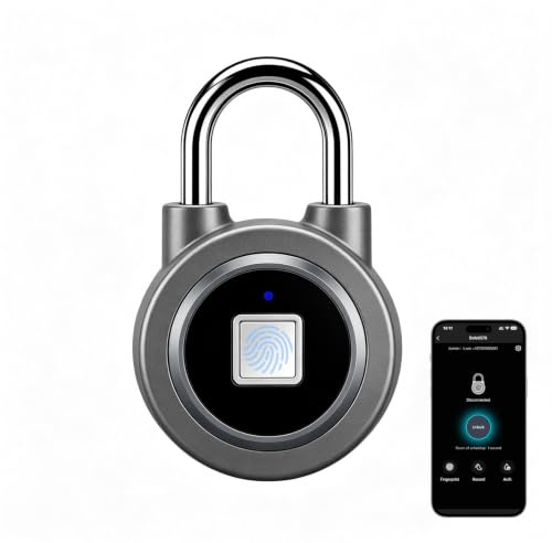 Fingerprint Padlock, Bluetooth Lock, Mobile APP, MEGAFEIS Smart Padlock with Keyless Biometric, Water Resistant, Suitable for Gym, Sports, Bike, School, Locker and Storage(Grey)
