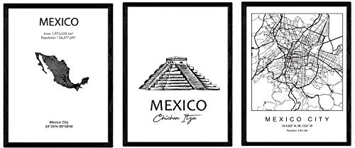 Nacnic Pack de posters de paises y monumentos. Mapa ciudad de Mejico monumento Tzitzen Itza y mapa Mejico. Tamaño A3