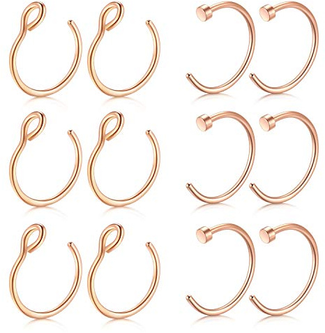 Mayhoop 12 Pezzi Finti Piercing Naso Piercing Naso 20G 8mm Acciaio Inossidabile Oro Rosa Piercing Labbro Finto Piercing Labbro Clip per Naso Labbro Donne Uomini