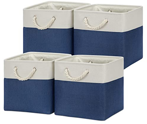 Temary Fabric Storage Cubes for Organizing 4Pack Blue Fabric Storage Basket 12 Inch Cube Storage Bins with Handles for Organizing Toys, Shelf Baskets for Home Office Closet (White&Blue)