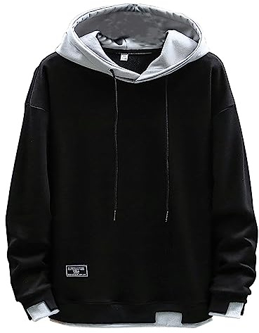 NautySaurs Mens's Hoodies Patchwork Hat Plain Blouse Unisex Hooded Long Sleeve Pullover Casual Fashion Sweatshirt (Black, M)