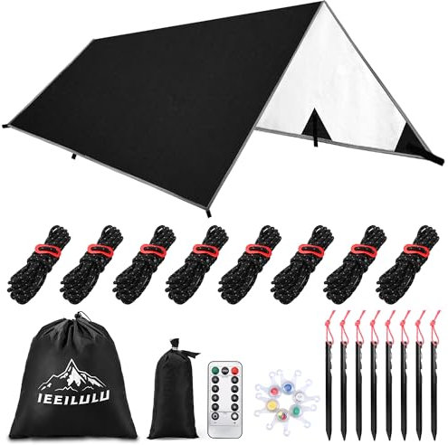 IEEILULU Camping Tarp, 3x4 Zeltplane Tragbar Sonnensegel mit Ösen, 8 Erdnägel und 8 Seilen, Camping Zelt Ultraleicht für Hängematte Outdoor Aktivitäten Wandern Picknick Reisen (Schwarz)