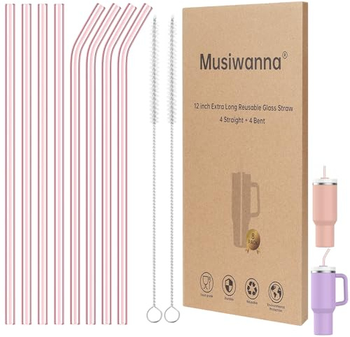 Rosa Glasstrohhalme 31cm Lange Durchmesser 1cm für Stanley Adventure Quencher Reisebecher 40oz, 8 Stück Bunt Ersatz Trinkhalme mit 2 Reinigungsbürsten, Wiederverwendbar Strohhalme, Stanley Cup Zubehör