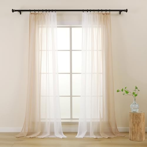 L.Z.E Gardiner, färggradient med veckband, gardin, beige, vit, för vardagsrum, barn, flickor, sovrum, fönster, transparent, set om 2, voile gardiner, halsduk, 140 x 145 cm, kort (LZE2220T-BG145)