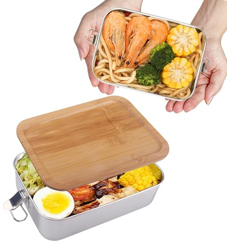 Rongxze Contenitore per il pranzo, per adulti, in acciaio inox, con coperchio in legno, 1400 ml, senza BPA, per il pranzo, picnic da viaggio, scatola di alta qualità, grandi porzioni