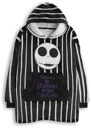 Disney L'Étrange Noël de Monsieur Jack pour enfants Couverture portable à capuche | Pull à capuche rayé NMBC pour enfants en noir avec le visage du personnage de Jack Skellington
