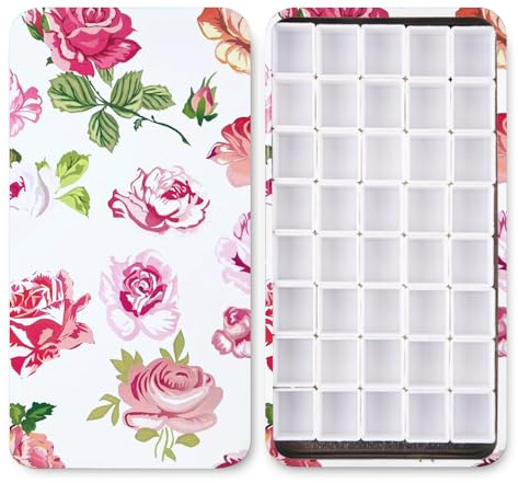 Paleta de pintura de latas de acuarela portátil con 40 medias sartenes vacías y cuadrados magnéticos, pequeña caja de pintura metálica de viaje con pintura acrílica, dibujo artístico, rosa blanca