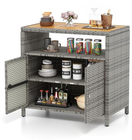 COSTWAY Armario Baja Exterior de Ratán, Armario terraza con Compartimento Abierto y Gabinete Cerrado, Aparador de Mimbre de 2 Puertas Terraza Jardin Exterior, 90 x 53 x 86 cm (Gris)