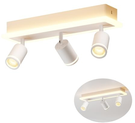 LVWIT LED Ceiling Light 3 Spotlights, White GU10 Ceiling Light, Rectangular Base with Integrated Light Bar, Suitable for Living Room (No Bulb)