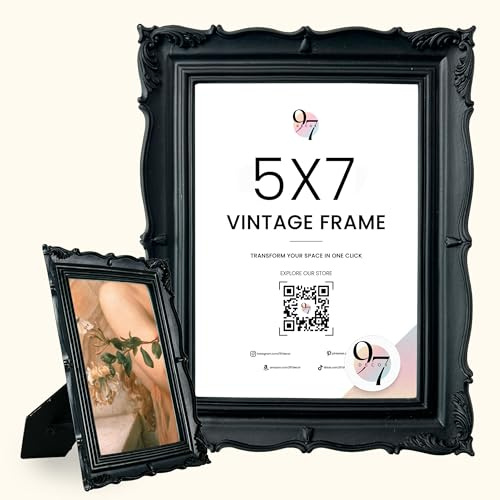 97 Decor Black Gothic Picture Frame 5x7 - Vintage Picture Frames 5x7, Victorian 5 x 7 Frame, Halloween Goth Photo Frames With Glass Front For Tabletop And Wall Hanging, Gothic Wall Decor For Home