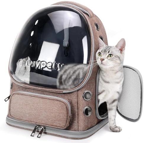 Cawypety Expandable Cat Backpack,Cat Bubble Backpack Carrier for Carrying Cats, Pets and Small Dogs,Airline-Approved,Designed for Travel, Hiking, Walking,Car (Khaki)