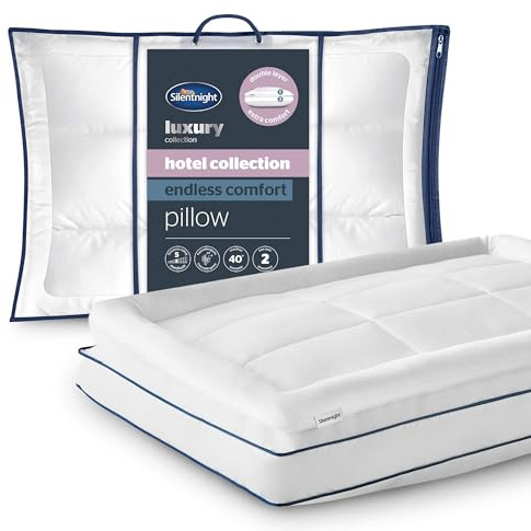 Silentnight Hotel Collection Endless Comfort Pillow - Double Layer Luxury Box Cushioned & Soft Quilted Pillow - Ball Fibre Filling for Head and Neck Support, Breathable Cotton Cover, Machine Washable