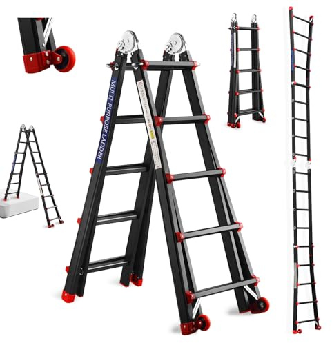 TEENO Escalera de Aluminio Multifunción 5.1 M, 5x5 Peldaños, Escalera Telescópica con 2 Desmontable Ruedas y Base Triangular Reforzada, Carga Máxima 150 kg, Negro