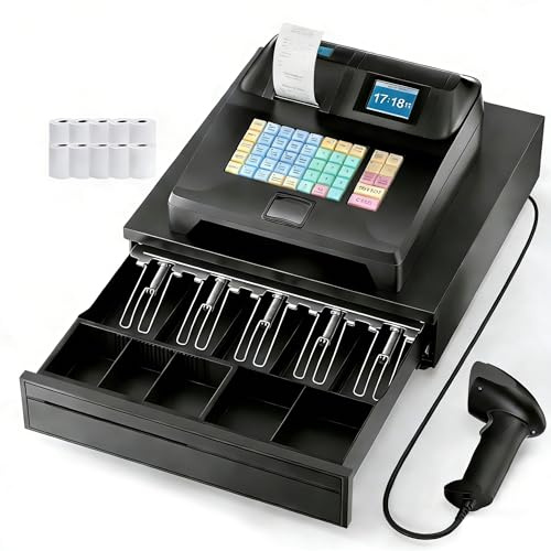 PYY Cash Register for Small Businesses with Scanner - Commercial Electronic Caja Registradora para Negocio with Large Black Lock Cash Drawer Box