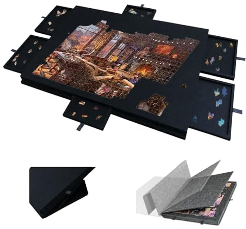 Mesa de Rompecabezas Plegable inclinable con Soporte y Tapa, Tablero de Rompecabezas portátil, Fieltro Ligero, 6 cajones, para Adultos de hasta 1000-1500 Piezas Black 77*53.6*4.2cm