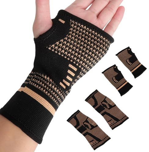 Soporte Muñeca y Tobillo de Cobre Set 4 Piezas, 2 Muñequeras + 2 Tobilleras Compresión Transpirable Muñequera de Compresión de Cobre Banda Deportiva para Gimnasio, Running, Baloncesto Hombre Mujer