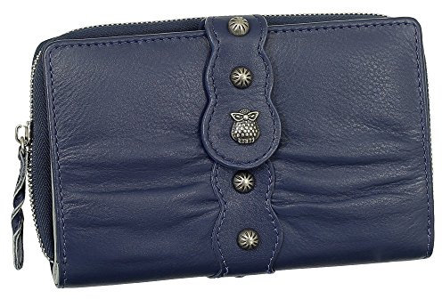 Luxus Leder Damen Geldbörse Portemonnaie mit Eulen Relief aus Metall Geldbeutel mit Reißverschluss 15,5 cm 58926 Farbe Navy