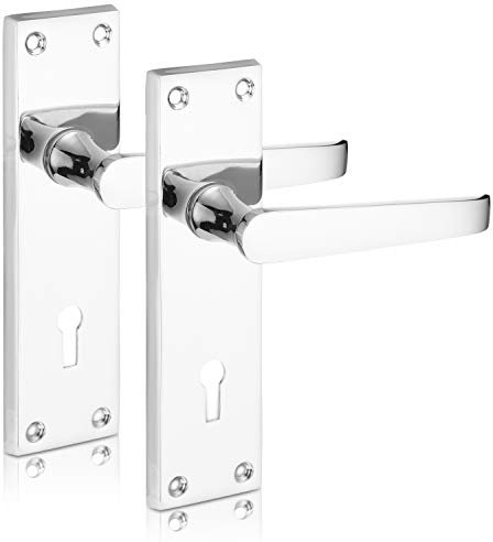XFORT® Lever Lock Flat Polished Chrome Door Handles, Elegant Door Handle Set for Wooden Doors, Classic Victorian Straight Design, Ideal for Internal Doors That Require Key Locking Security [1 Pair]