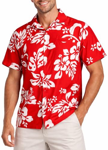 King Kameha Funky-Camisa-Hawaiana, Manga-Corta, Hibiscus, Eclectic-Rojo, L