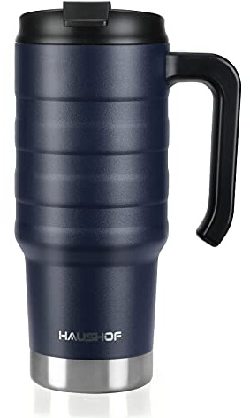 HAUSHOF 24 oz Travel Mug, Stainless Double Wall Vacuum Insulated Tumbler with Handle & Spill Proof Twist On Flip Lid and Wide Mouth, BPA Free (Navy Blue)