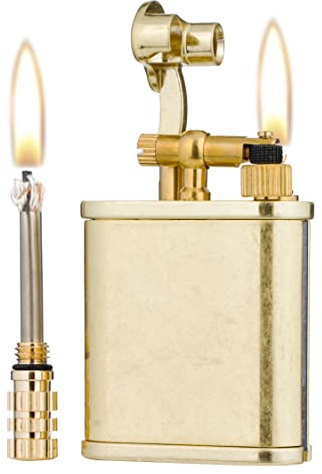 Retro Lift Arm Kerosene Lighter & Permanent Match 2-in-1, Vintage Antique Style Fluid Lighter with Spare Flint Compartment & Leak-Proof O-Rings, Unique Cool Birthday for Men (Bronze)