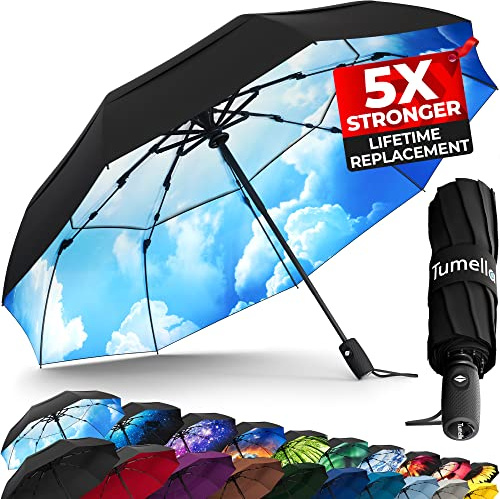 TUMELLA Strongest Windproof Travel Umbrella (Compact, Superior & Beautiful), Small Strong but Light Portable and Automatic Folding Rain Umbrella, Durable Premium Grip, Fits Car and Backpack