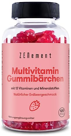 Multivitamin Gummibärchenfür Kinder, 120 Stück | Gummies mit 13 Vitaminen und Mineralstoffen (Vitamin C, D3, Biotin, Folsäure, Zink & mehr) | Mit Erdbeergeschmack | Zenement