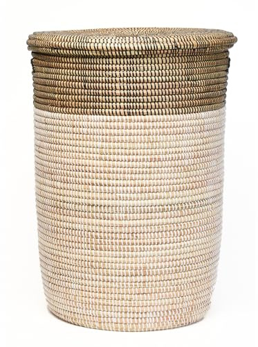 YAADU Cesto per biancheria con coperchio 80L - Raccoglitore per biancheria XXL, cesto con coperchio grande, scatole per biancheria, cesto africano, Modello Fakoly (Piatto-Bianco-Nero)