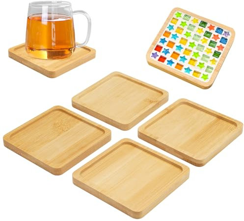 4 Pièces Petit Plateau Carré en Bois 9cm, Mosaïque Remplissable pour Bricolage en Bambou, Dessous de Plat pour Plante à Fleurs, Thé, Café, Gâteau