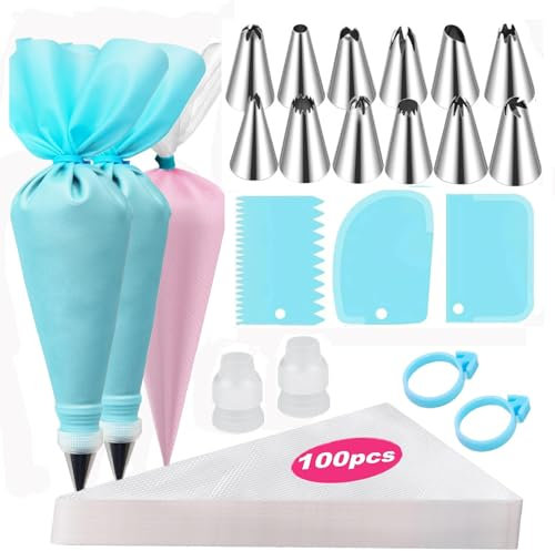 Juego de boquillas de tubería, 100 bolsas desechables de 12 pulgadas, 12 boquillas grandes, 2 bolsas de glaseado reutilizables, 2 acopladores, 2 lazos de bolsa y 3 raspadores de pasteles, puntas de