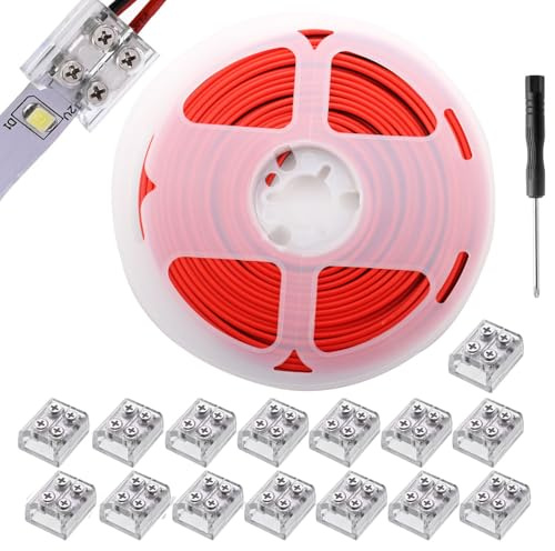 RUNCCI-YUN 15piezas conector cinta 5 V, 12 V, 24 V LED 2 pines 10 mm, con 20M 22AWG cable alargador tira LED con destornillador (transparente)