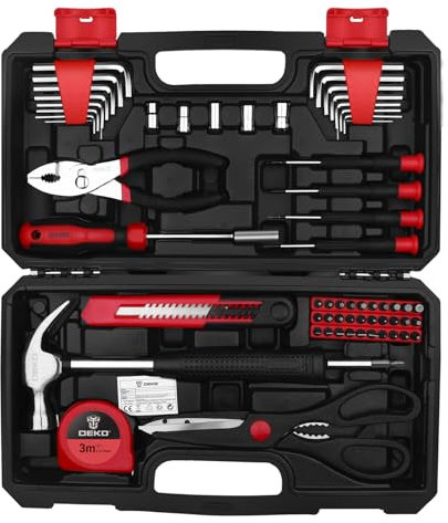 DEKO TZ62 Juego de herramientas de piezas Juego de herramientas manuales generales para el hogar con estuche de almacenamiento de caja de herramientas de plástico(Rojo)