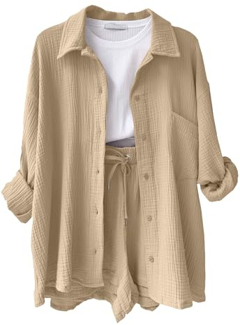 CheChury Conjunto Casual de 2 Piezas para Mujer Elegante con Manga Larga Camisa Pantalones Corto con Cordón Bohemios Ropa de Vacaciones Traje de Playa para el Hogar Uso Diario Activi con Bolsillos