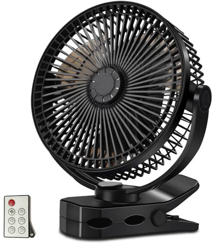 GOBRILLFUN Ventilador recargable con clip USB de 12000 mAh - con conexión, 4 velocidades - Portátil para oficina, camping, viajes al aire libre, tienda de campaña (Con control remoto y luz LED)